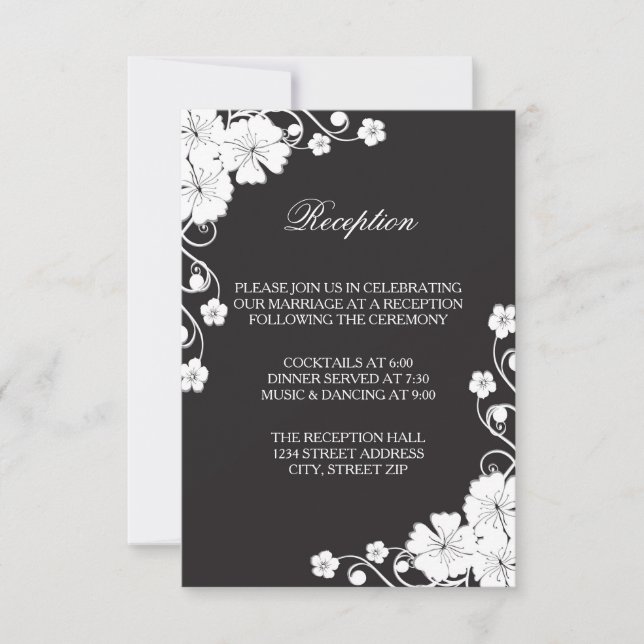 Invitación de recepción - Floral negro y blanco (Anverso)