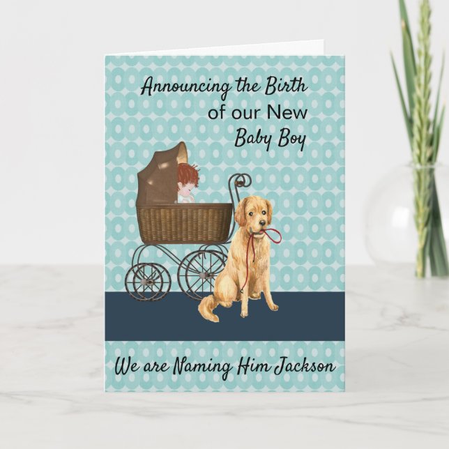 Invitación de recién nacido con bebé, carro, perro (Anverso)
