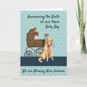 Invitación de recién nacido con bebé, carro, perro