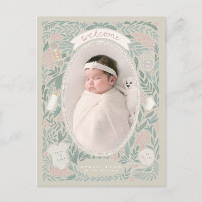 Invitación de recién nacido de foto de frondosas f (Anverso)