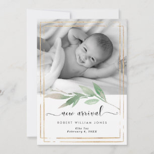 invitación de recién nacido de foto de oro verde