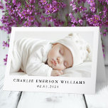 invitación de recién nacido foto tarjeta de agrade<br><div class="desc">Tarjeta de agradecimiento al recién nacido que muestra su foto y el nombre y fecha de nacimiento del bebé en la parte delantera. mensaje personalizado dentro. Cambie los colores y las fuentes,  mueva y redimensione los elementos en la herramienta de diseño.</div>