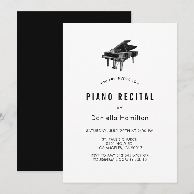 Invitación de Recital de Piano Mínimo Blanco (Anverso / Reverso)