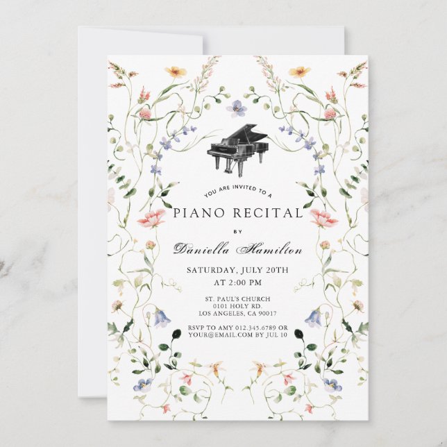 Invitación de Recital de Piano Wildflower Blanco (Anverso)