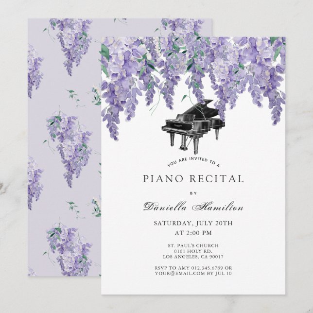Invitación de Recital de Piano Wisteria Blanca (Anverso / Reverso)