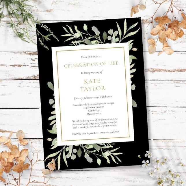 Invitación de recuerdo de celebración de vida con  (Celebration of Life Funeral Greenery Gold Black Invitation)