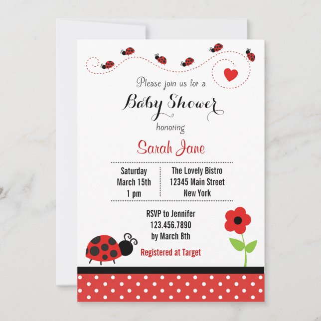 Invitación de Red Ladybug Baby Shower a Polkadot (Anverso)