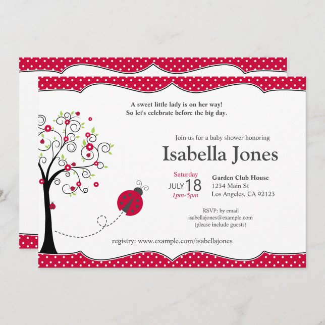 Invitación de Red Ladybug Baby Shower - Personaliz (Anverso / Reverso)