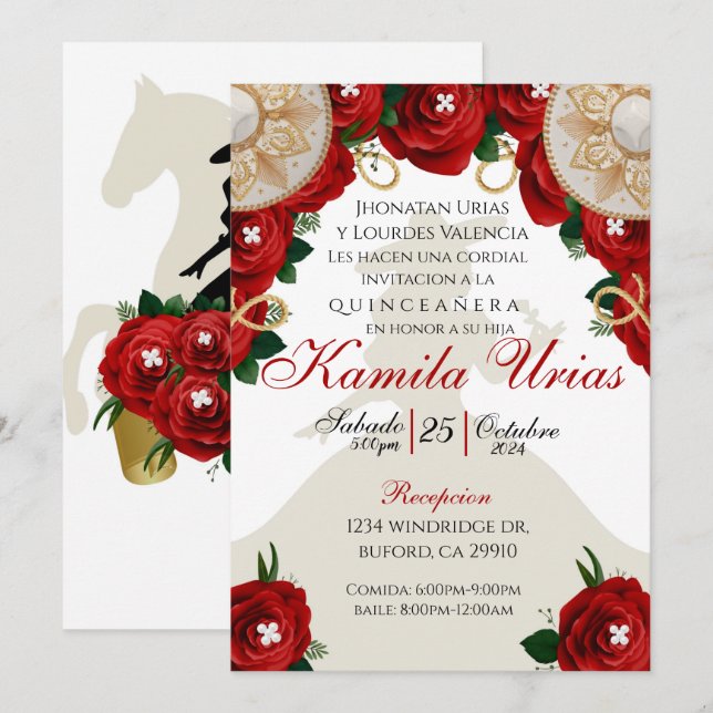 Invitación de Red Roses Charra Quinceañera (Anverso / Reverso)