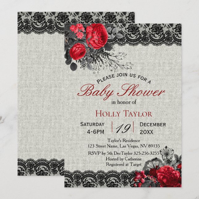 Invitación de Red Valentine Floral a Baby Shower (Anverso / Reverso)
