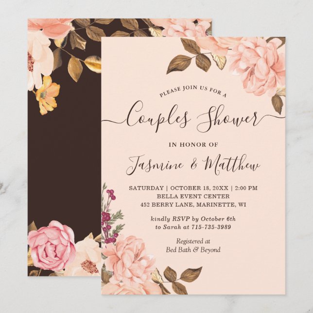Invitación de Regadera de Boda de Parejas Floral R (Anverso / Reverso)