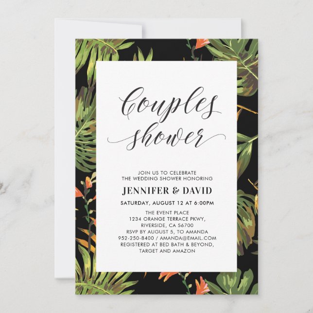 Invitación de regadera de boda de parejas tropical (Anverso)