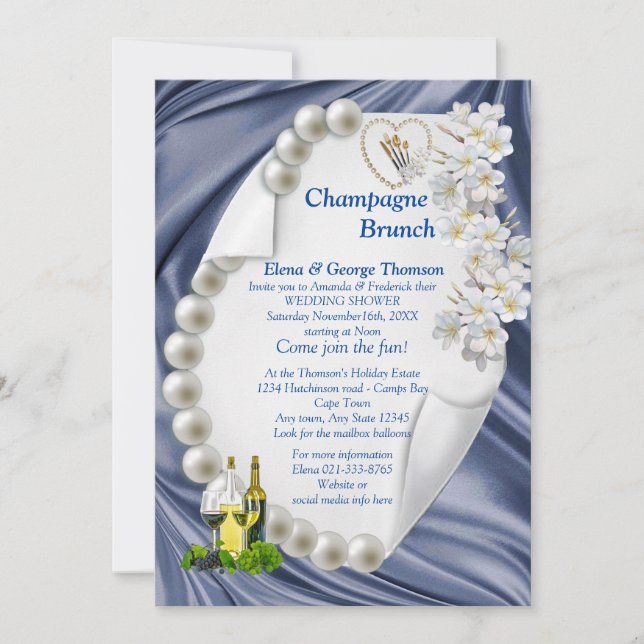 Invitación de regadera de boda de seda azul, verde (Anverso)