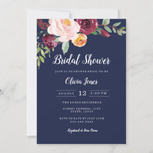 Invitación de Regadera de Boda Floral Azul Marino 