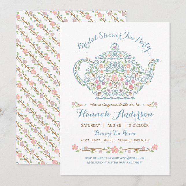 Invitación de Regadera de Novia de Tetera Elegante (Anverso / Reverso)