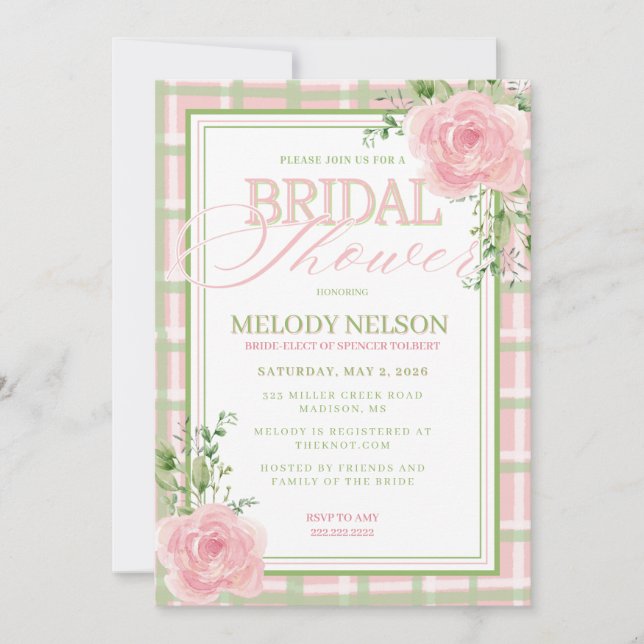 Invitación de Regadera Nupcial Floral Rosa y Verde (Anverso)