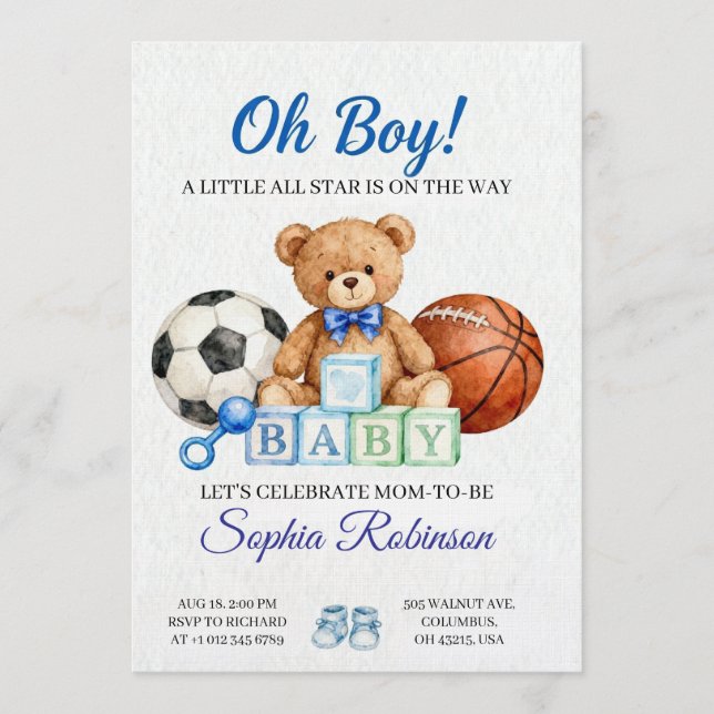Invitación de regalo de bebé con acuarela "Oh Boy" (Anverso)
