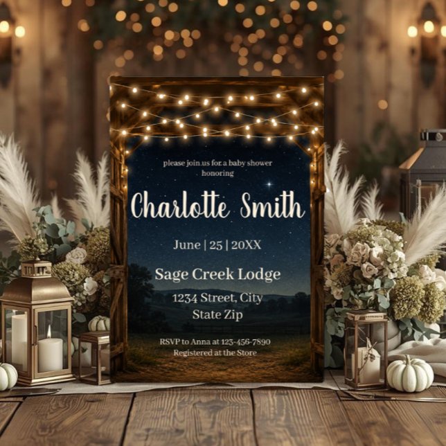 Invitación de Regalo de Bebé con Luces de Granero  (Rustic barn baby shower invitation with string lights, starry sky, farmhouse charm & custom details.)