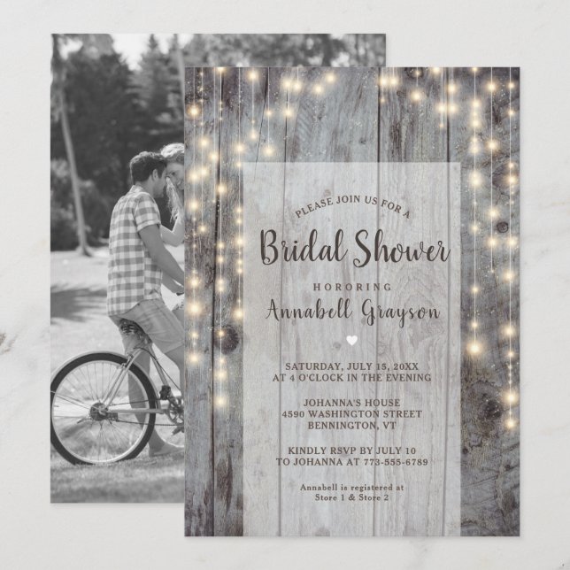 Invitación de Regalo de Boda de Madera con Luces R (Anverso / Reverso)