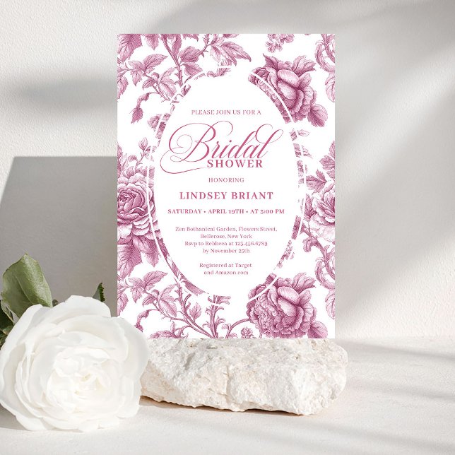 Invitación de Regalo de Boda de Rosas en Toile de  (Dark Fuchsia Toile Roses Bridal Shower Invitation Card

)