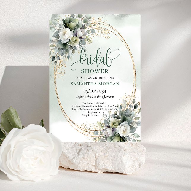 Invitación de Regalo de Boda Verde Botánico Blanco (Botanical Green White Bridal Shower Invitation)