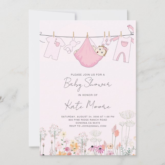 Invitación de regalo de ropa de bebé niña rosa (Anverso)