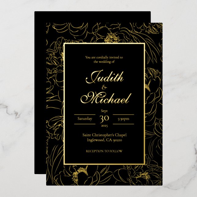 Invitación de Relieve metalizado de Boda de oro ne (Anverso/Reverso)
