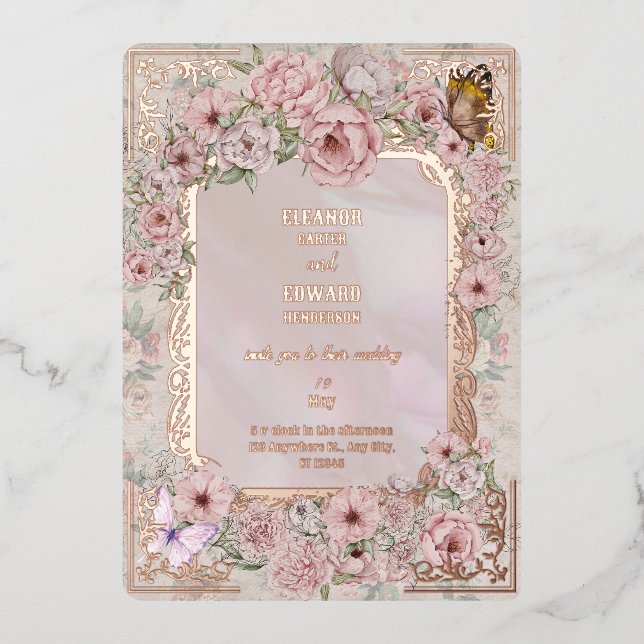 Invitación de Relieve metalizado de Boda de Peony  (Anverso)