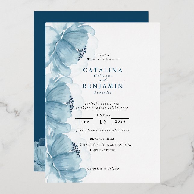 Invitación de Relieve metalizado de Boda floral az (Anverso/Reverso)