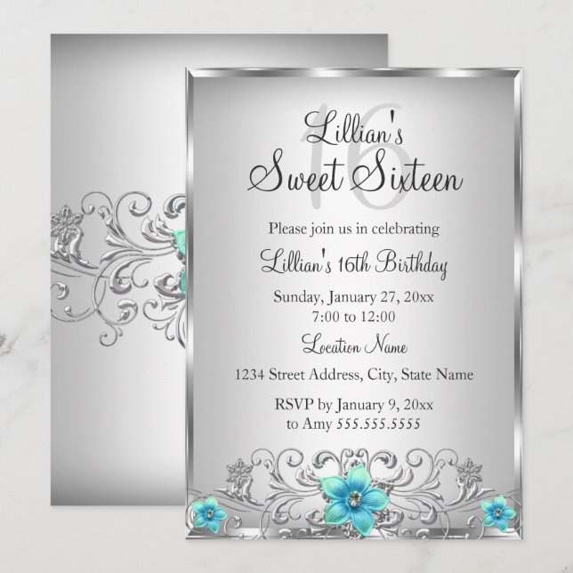 Invitación de remolino floral plateado verde azula (Anverso / Reverso)