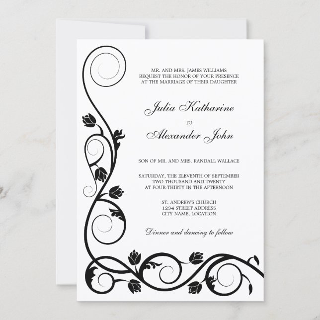 Invitación de Remolinos Elegantes en Blanco y Negr (Anverso)