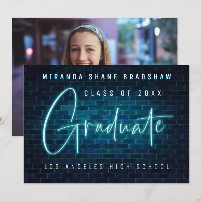 Invitación de respaldo de foto de graduado azul ne (Anverso / Reverso)