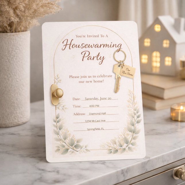 Invitación de reunión de la llave de oro (Key to new beginnings with gold accents, arch design, and soft greenery detail)