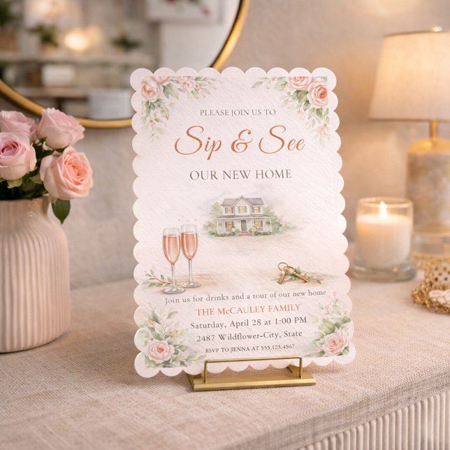 Invitación de reunión en casa Blush (Blush floral home gathering with champagne toast, soft greenery, and new home tour details)