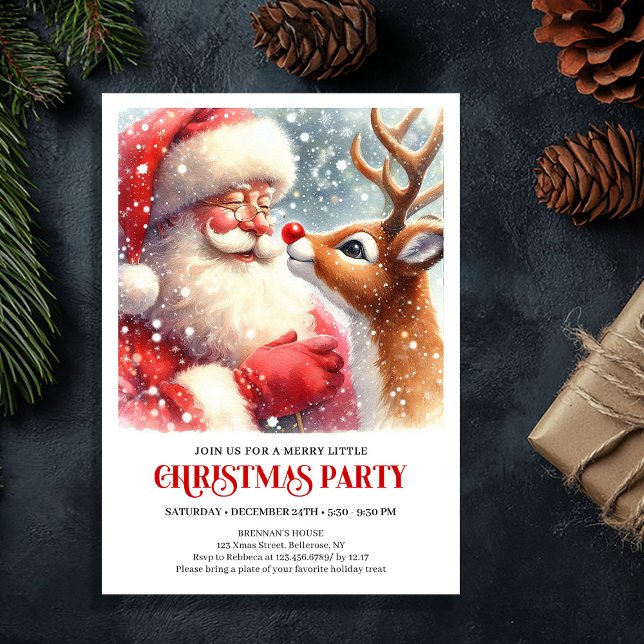 Invitación de reunión navideña de Santa y Rudolph  (Cute Santa and Rudolph Christmas Gathering Invite)