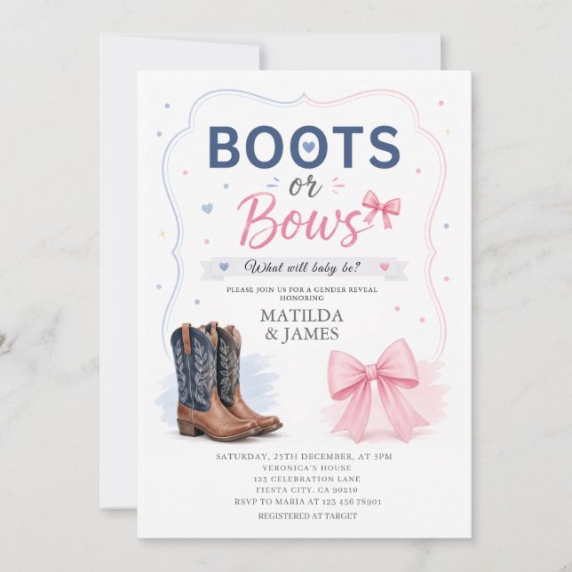 Invitación de Revelación de Género Botas o Lazos M (Anverso)