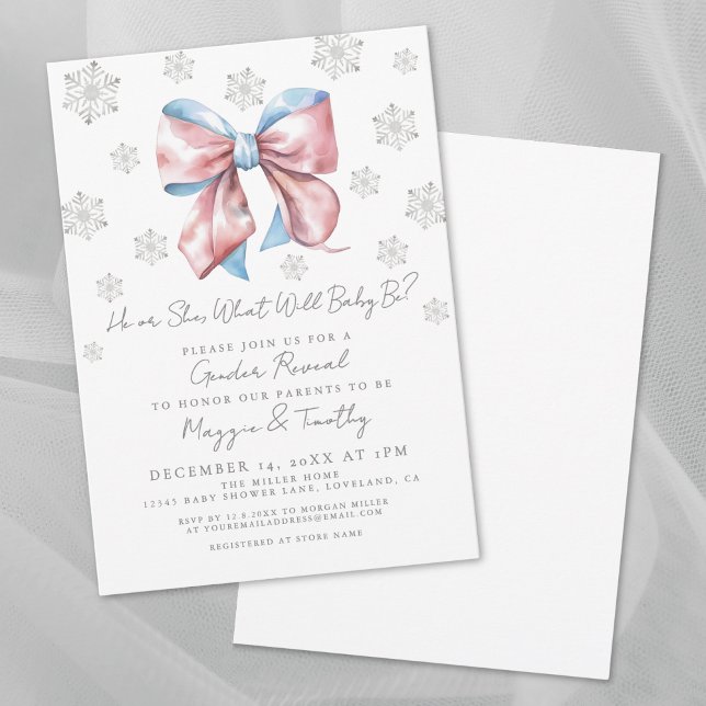 Invitación de Revelación de Género con Lazo Rosa y (Pink And Blue Bow Gender Reveal Invitation)