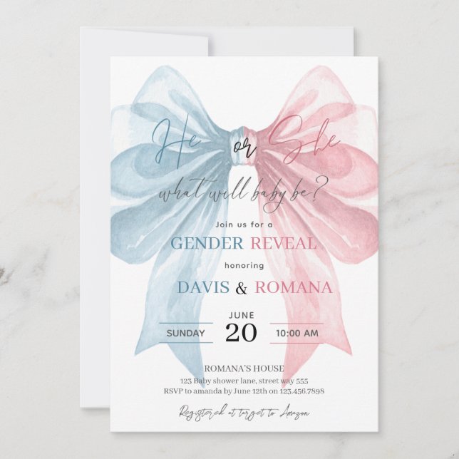 Invitación de Revelación de Género Coquette Bow Él (Anverso)