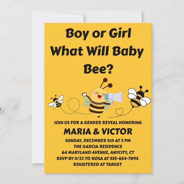 Invitación de Revelación de Género de Bebé Abeja (Anverso)