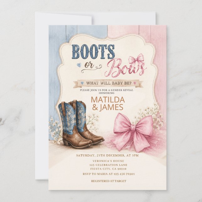 Invitación de Revelación de Género de Botas o Lazo (Anverso)