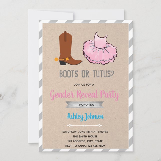 Invitación de revelación de género de botas o tutú (Anverso)