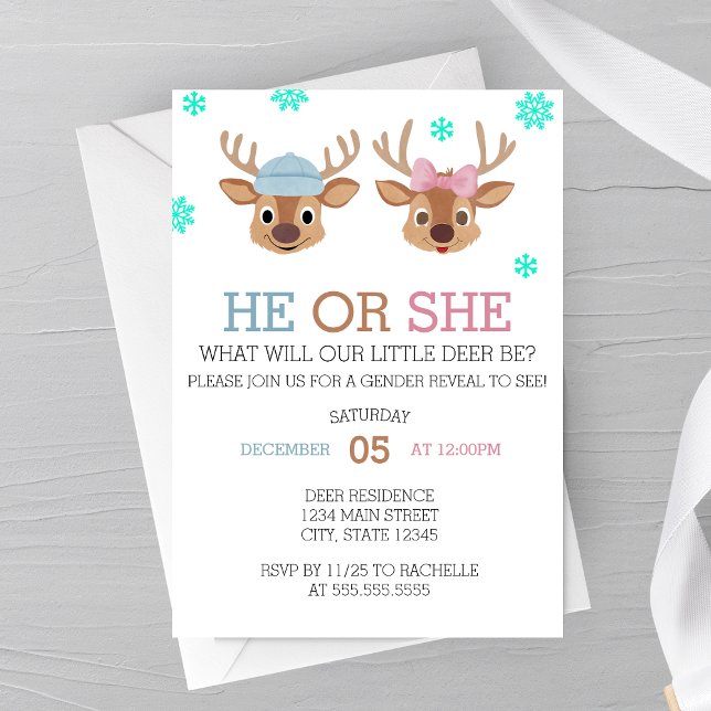 Invitación de Revelación de Género de Ciervo de In (Little Deer Be, Winter Themed Gender Reveal Party Invitation)