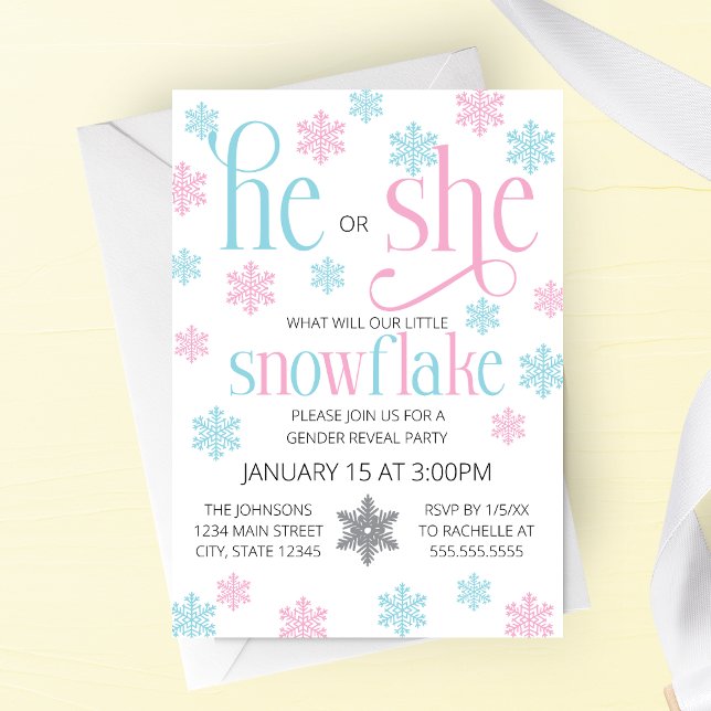 Invitación de Revelación de Género de Copo de Niev (He or She Snowflake Be Winter Gender Reveal Party with Pink and Blue Snowflakes)