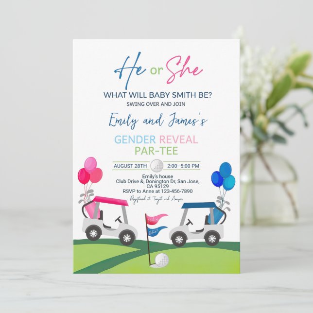 Invitación de Revelación de Género de Golf Él o El (Anverso de pie)