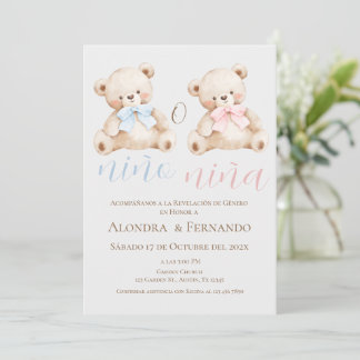 Invitación de revelación de género de oso él o ell
