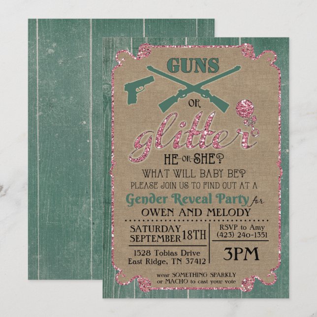 Invitación de revelación de género Guns or Glitter (Anverso / Reverso)