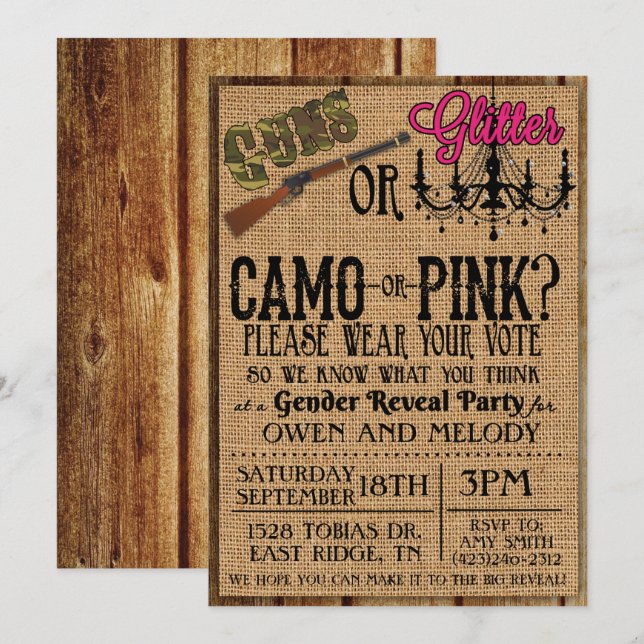 Invitación de revelación de género Guns or Glitter (Anverso / Reverso)