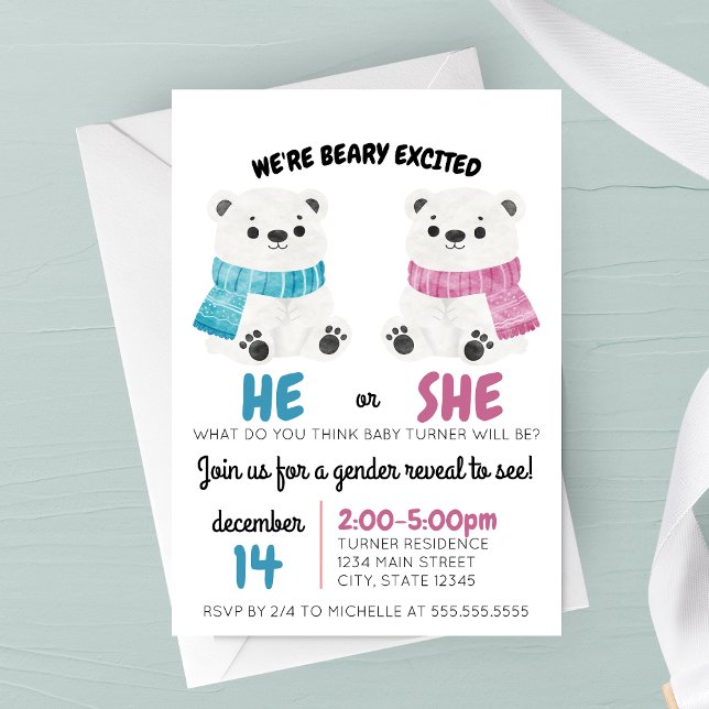 Invitación de Revelación de Género Muy Emocionada (Beary Excited Winter Polar Bears Gender Reveal Party Invitation)