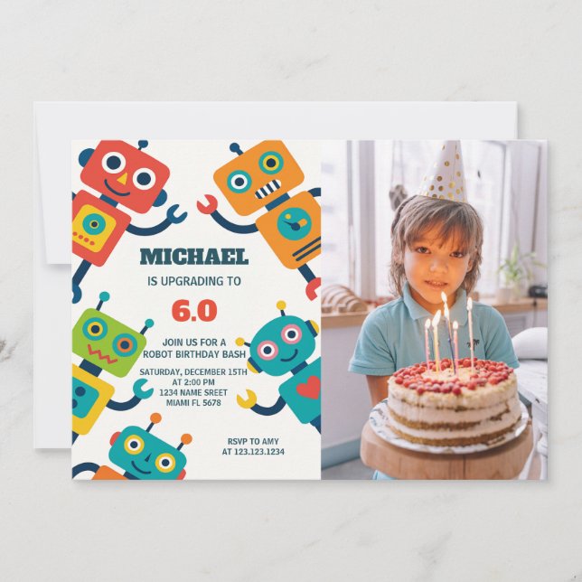 Invitación de Robot Party para niños con foto (Anverso)