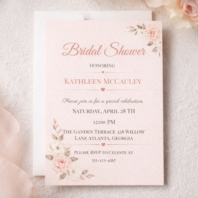 Invitación de Romance Floral Rosado (Blush rose bridal shower card with soft botanical florals for romantic garden celebrations)